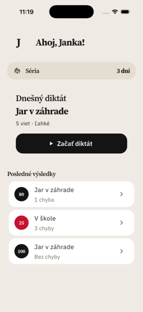 Domovská obrazovka dieťaťa s dnešným diktátom Jar v záhrade a sériou 3 dní.