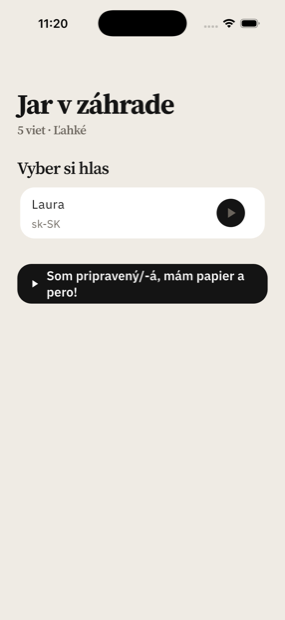 Obrazovka pred diktátom s výberom hlasu.