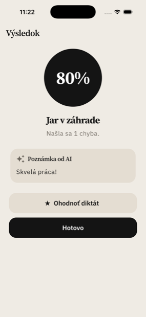 Obrazovka výsledku so skóre 80 % a komentárom od AI.